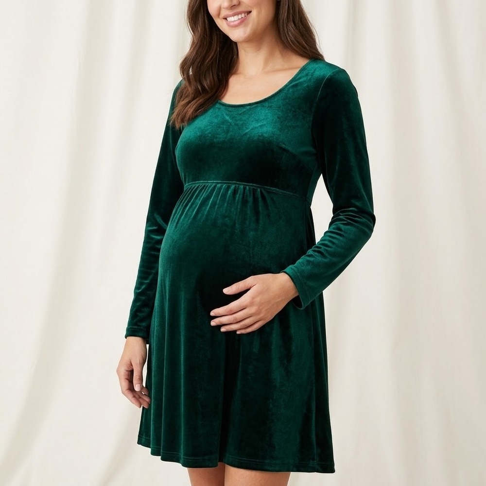 Motherhood Maternity Emerald Green Velvet Empire Waist Tie Back Dress Size M